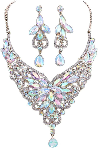Women 18K Gold Plated Rhinestone Crystal Pendant Necklace Earring Bridal Party Jewelry Sets Gold AB