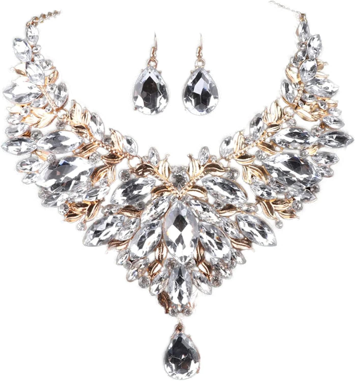 Women 18K Gold Plated Rhinestone Crystal Pendant Necklace Earring Bridal Party Jewelry Sets White