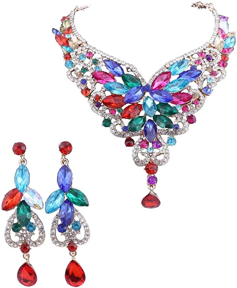 Women 18K Gold Plated Rhinestone Crystal Pendant Necklace Earring Bridal Party Jewelry Sets Color 1