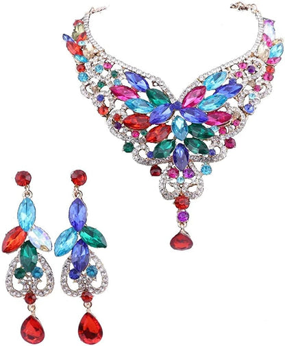 Women 18K Gold Plated Rhinestone Crystal Pendant Necklace Earring Bridal Party Jewelry Sets Color 1