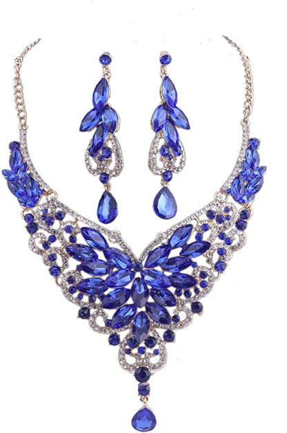 Women 18K Gold Plated Rhinestone Crystal Pendant Necklace Earring Bridal Party Jewelry Sets Blue 1