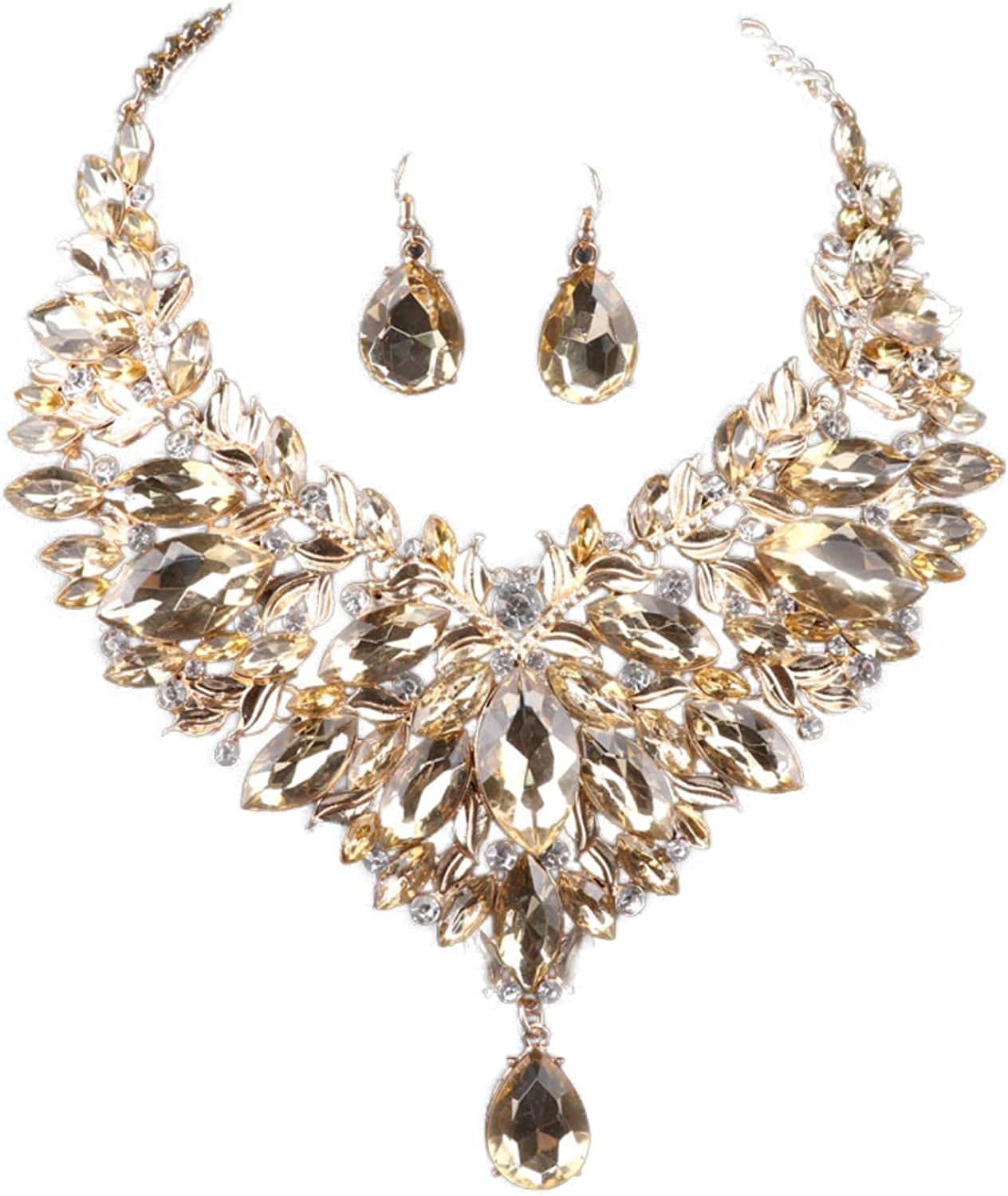 Women 18K Gold Plated Rhinestone Crystal Pendant Necklace Earring Bridal Party Jewelry Sets Champagne