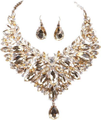 Women 18K Gold Plated Rhinestone Crystal Pendant Necklace Earring Bridal Party Jewelry Sets Champagne