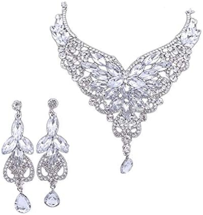 Women 18K Gold Plated Rhinestone Crystal Pendant Necklace Earring Bridal Party Jewelry Sets Silver White