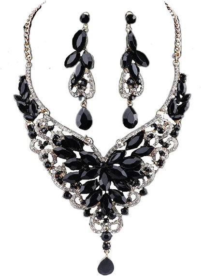 Women 18K Gold Plated Rhinestone Crystal Pendant Necklace Earring Bridal Party Jewelry Sets Black 1