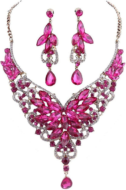 Women 18K Gold Plated Rhinestone Crystal Pendant Necklace Earring Bridal Party Jewelry Sets Rose Red