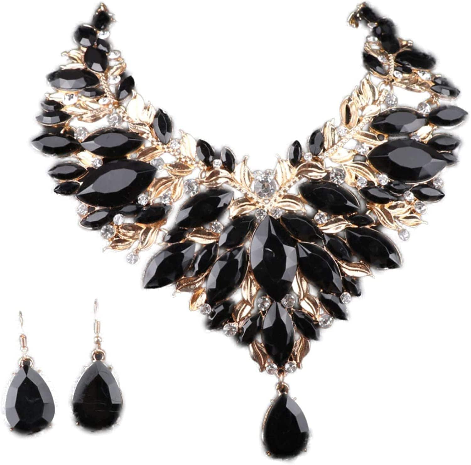 Women 18K Gold Plated Rhinestone Crystal Pendant Necklace Earring Bridal Party Jewelry Sets Black