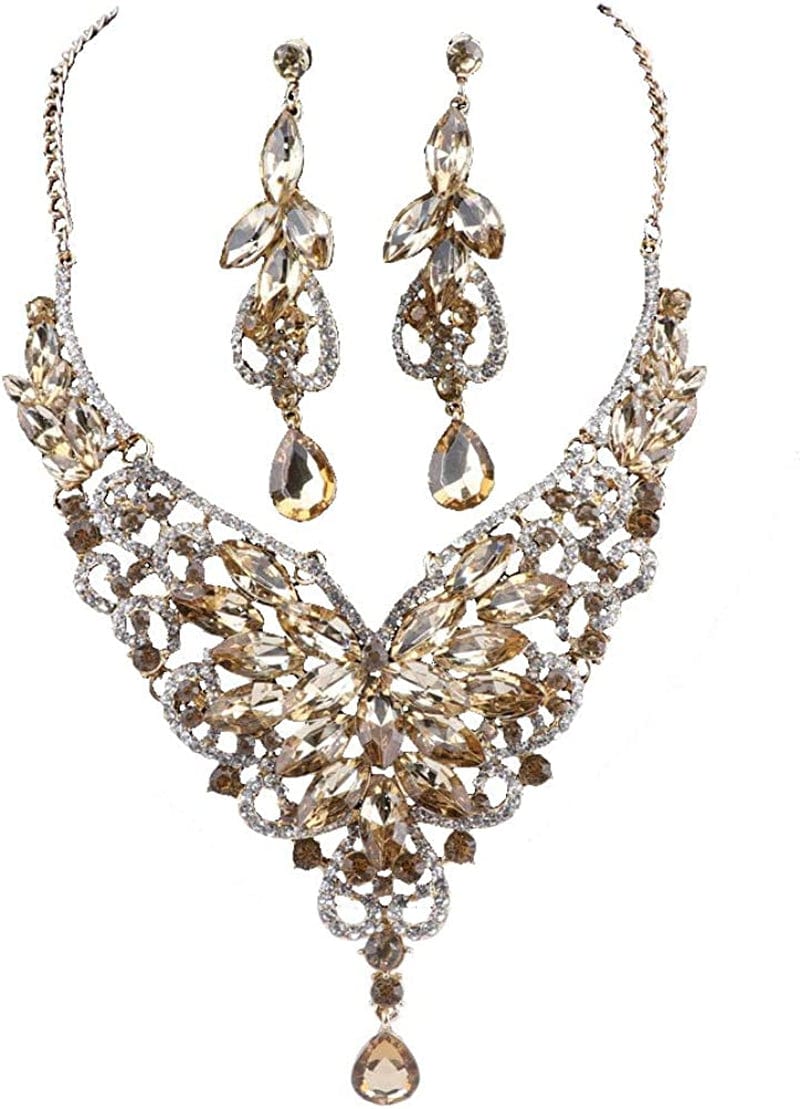 Women 18K Gold Plated Rhinestone Crystal Pendant Necklace Earring Bridal Party Jewelry Sets Champagne 1