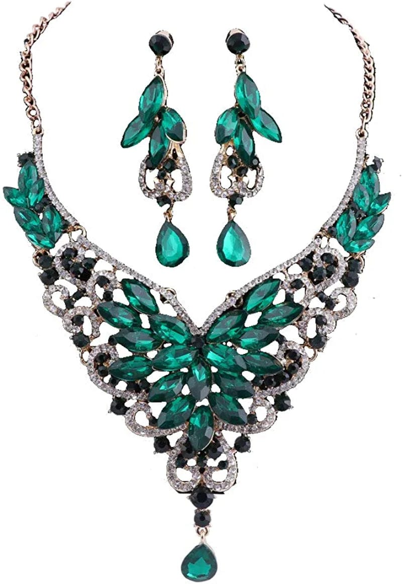 Women 18K Gold Plated Rhinestone Crystal Pendant Necklace Earring Bridal Party Jewelry Sets Green