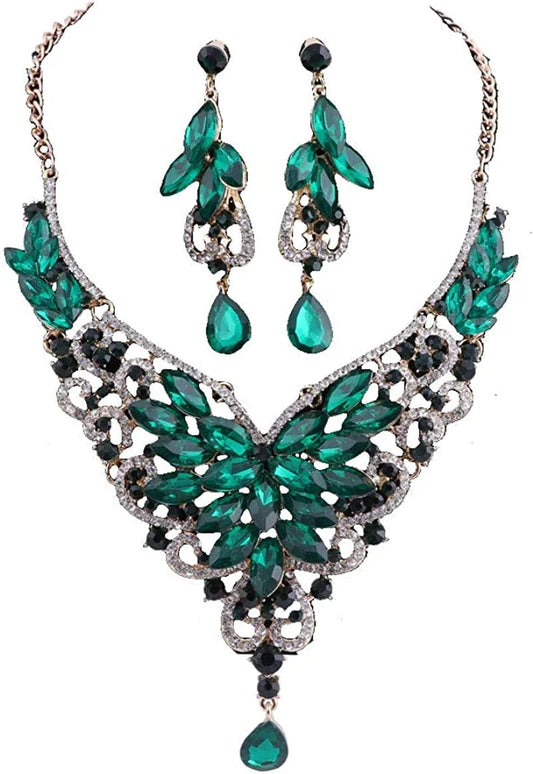 Women 18K Gold Plated Rhinestone Crystal Pendant Necklace Earring Bridal Party Jewelry Sets Green