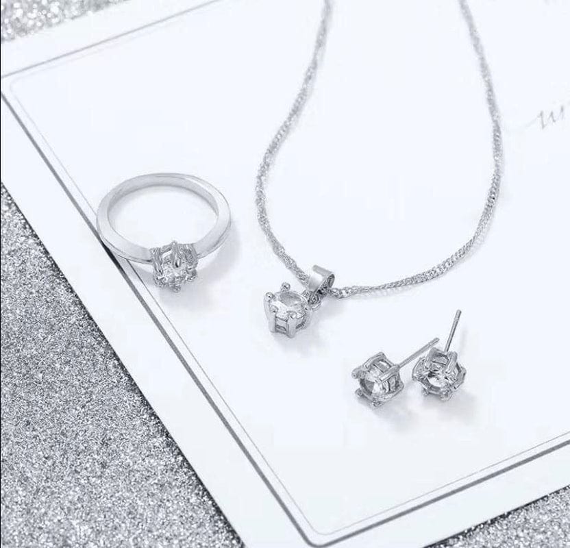 Women 3 Pairs Jewelry Set 925 Sterling Silver Chain Necklace Earrings and Ring for Women for Party (3 Pcs White Gold)