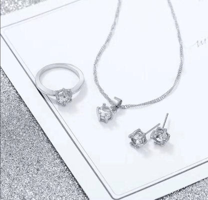 Women 3 Pairs Jewelry Set 925 Sterling Silver Chain Necklace Earrings and Ring for Women for Party (3 Pcs White Gold)