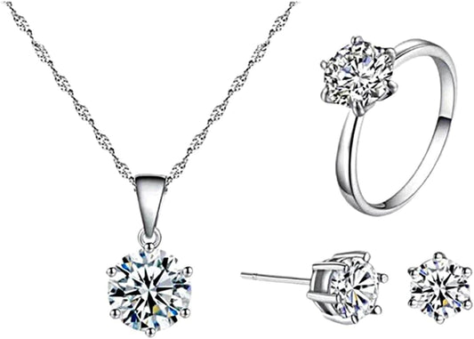 Women 3 Pairs Jewelry Set 925 Sterling Silver Chain Necklace Earrings and Ring for Women for Party (3 Pcs White Gold)