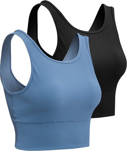Women Basic Crop Tank Tops Sleeveless Workout Tanks Ribbed Training Tank Shirts Black+blue / X-Large