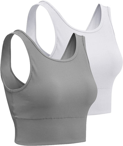 Women Basic Crop Tank Tops Sleeveless Workout Tanks Ribbed Training Tank Shirts White+grey / Small