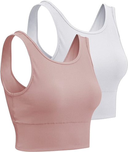 Women Basic Crop Tank Tops Sleeveless Workout Tanks Ribbed Training Tank Shirts Pink+white / XX-Large