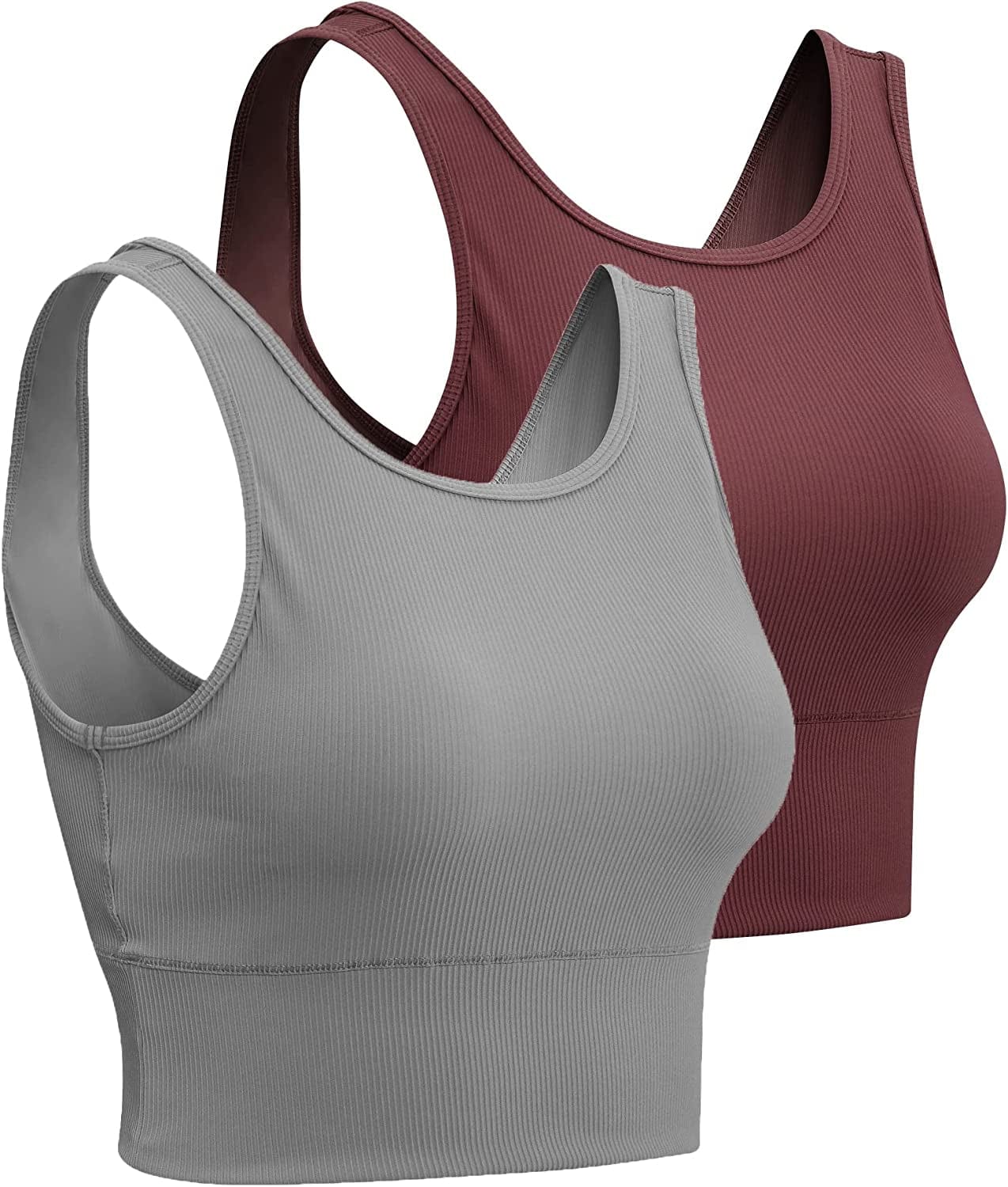 Women Basic Crop Tank Tops Sleeveless Workout Tanks Ribbed Training Tank Shirts Brown+grey / X-Large