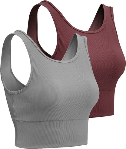 Women Basic Crop Tank Tops Sleeveless Workout Tanks Ribbed Training Tank Shirts Brown+grey / X-Large