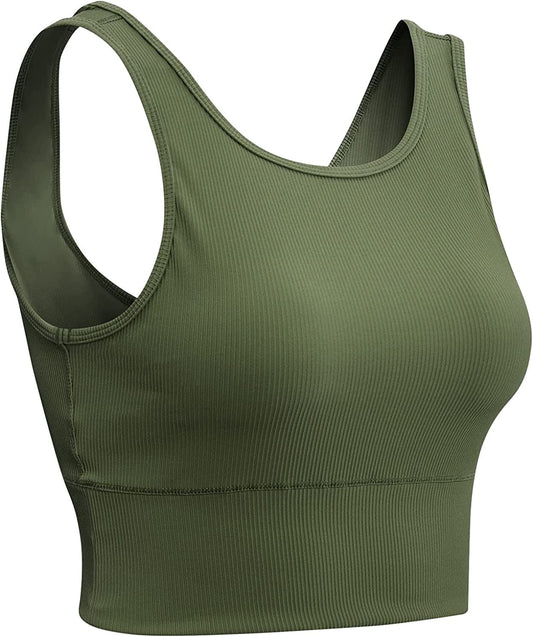 Women Basic Crop Tank Tops Sleeveless Workout Tanks Ribbed Training Tank Shirts Army / Medium