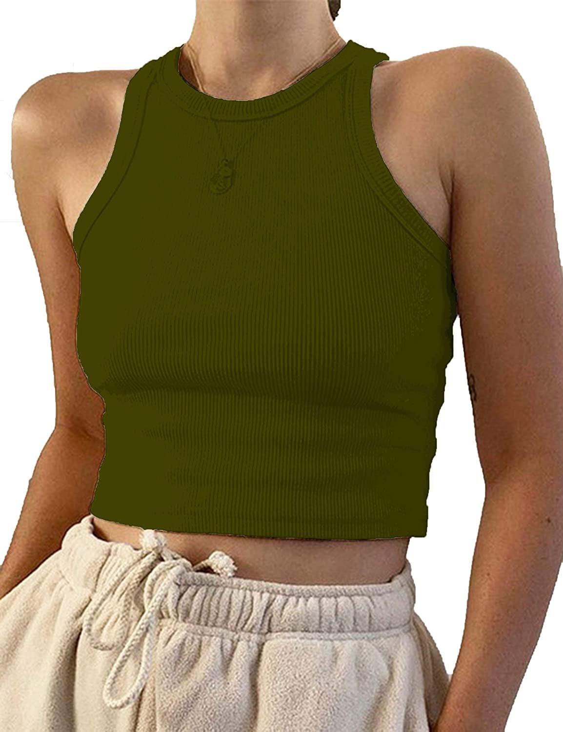 Women Basic Sleeveless Vest Crop Tank Top Casual Crew Neck Binding Crop Top Army Green / Large
