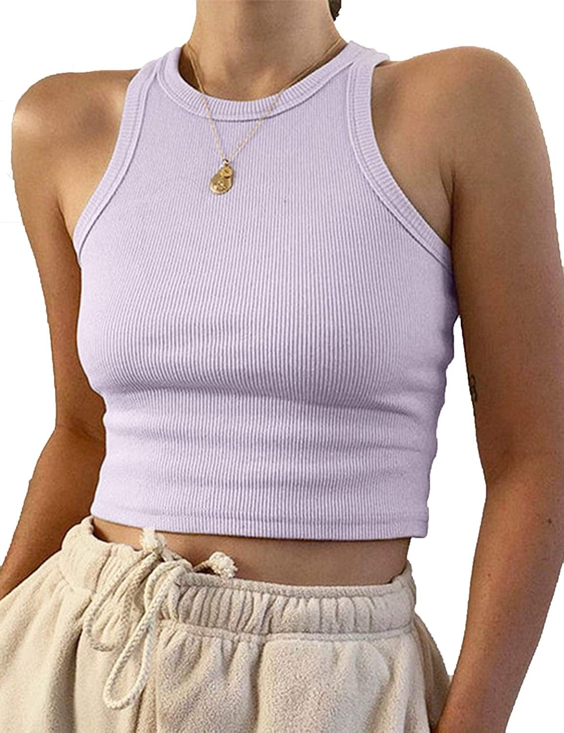Women Basic Sleeveless Vest Crop Tank Top Casual Crew Neck Binding Crop Top Light Purple / Large