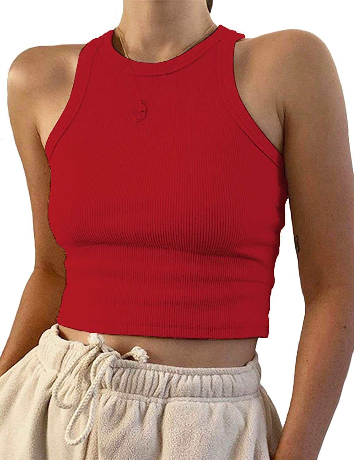 Women Basic Sleeveless Vest Crop Tank Top Casual Crew Neck Binding Crop Top Red-2 / Large