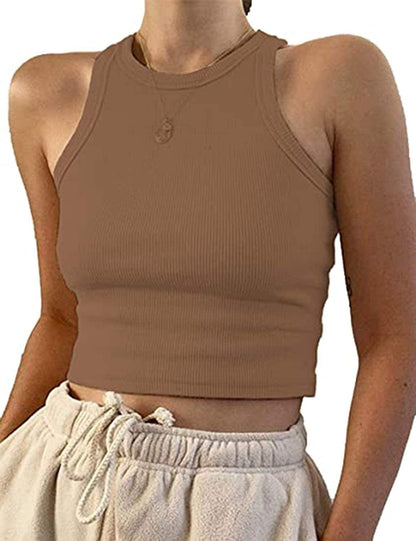 Women Basic Sleeveless Vest Crop Tank Top Casual Crew Neck Binding Crop Top Brown / Large