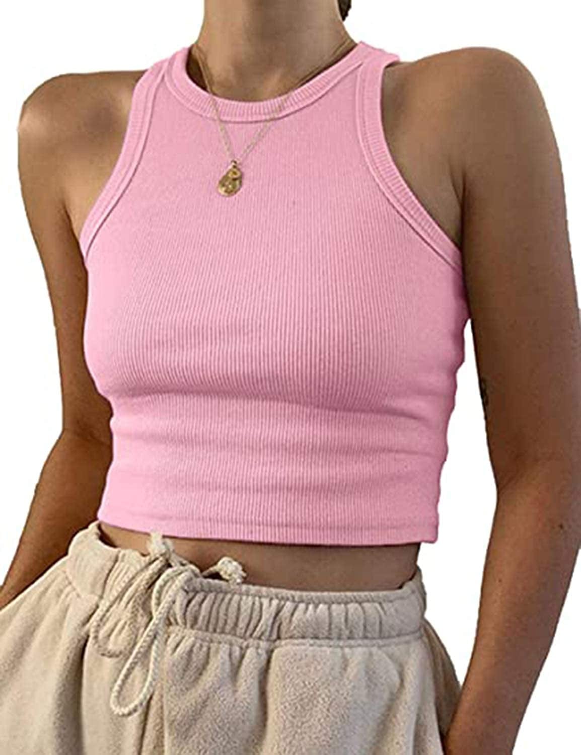 Women Basic Sleeveless Vest Crop Tank Top Casual Crew Neck Binding Crop Top Pink / Large
