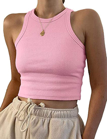 Women Basic Sleeveless Vest Crop Tank Top Casual Crew Neck Binding Crop Top Pink / Large
