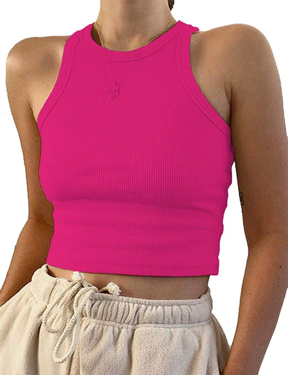 Women Basic Sleeveless Vest Crop Tank Top Casual Crew Neck Binding Crop Top Hot Pink / Large