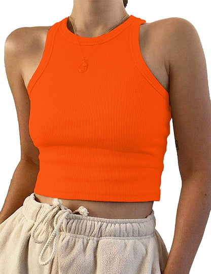 Women Basic Sleeveless Vest Crop Tank Top Casual Crew Neck Binding Crop Top Orange / Large