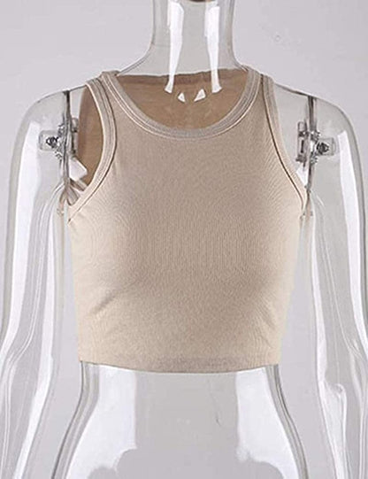 Women Basic Sleeveless Vest Crop Tank Top Casual Crew Neck Binding Crop Top