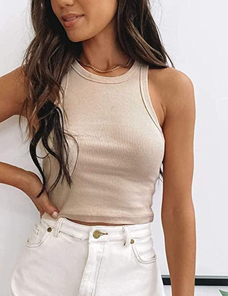 Women Basic Sleeveless Vest Crop Tank Top Casual Crew Neck Binding Crop Top