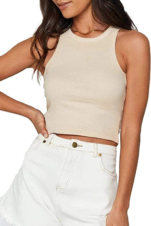 Women Basic Sleeveless Vest Crop Tank Top Casual Crew Neck Binding Crop Top Apricot / Large