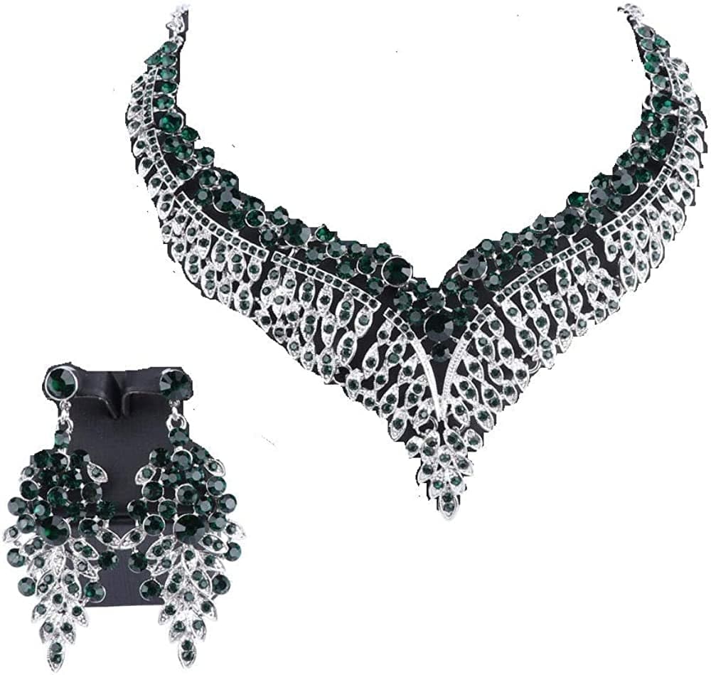 Women Bridal Rhinestone Crystal Statement Necklace Earring Wedding Dress Jewelry Sets Silver Green