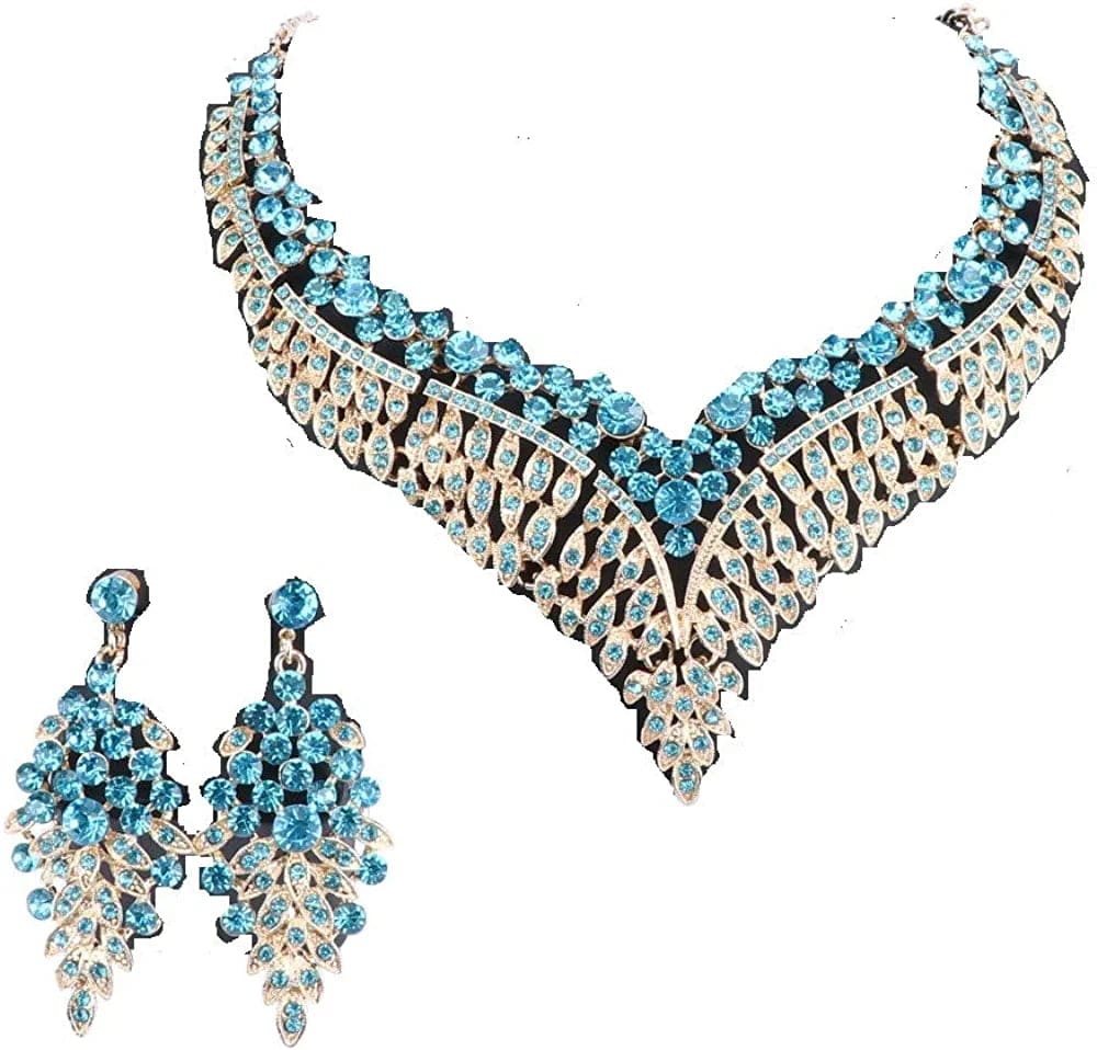 Women Bridal Rhinestone Crystal Statement Necklace Earring Wedding Dress Jewelry Sets Gold Lake Blue