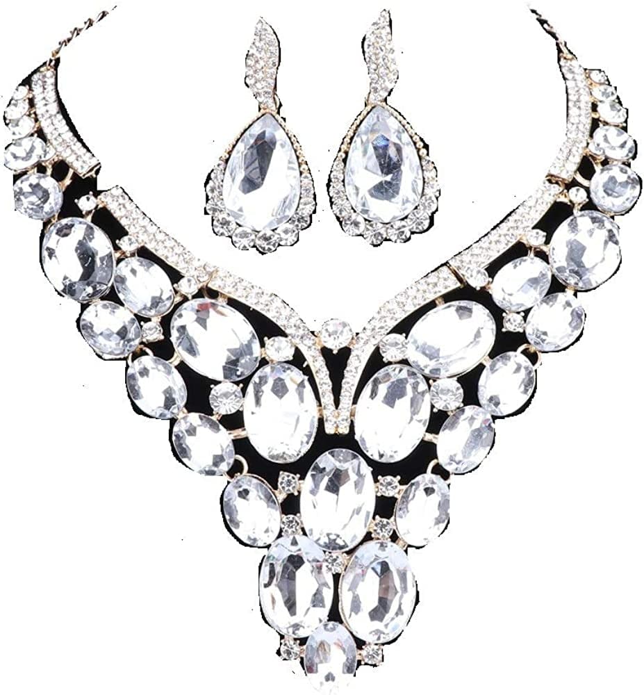 Women Bridal Rhinestone Crystal Statement Necklace Earring Wedding Dress Jewelry Sets White