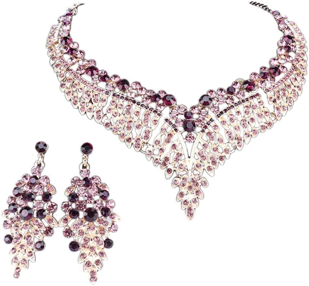 Women Bridal Rhinestone Crystal Statement Necklace Earring Wedding Dress Jewelry Sets Purple1