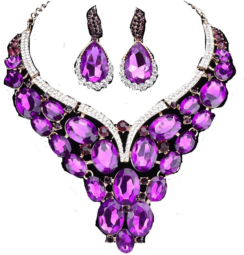 Women Bridal Rhinestone Crystal Statement Necklace Earring Wedding Dress Jewelry Sets Purple