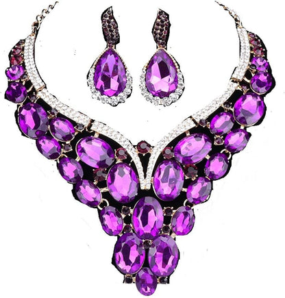 Women Bridal Rhinestone Crystal Statement Necklace Earring Wedding Dress Jewelry Sets Purple
