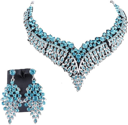 Women Bridal Rhinestone Crystal Statement Necklace Earring Wedding Dress Jewelry Sets Silver Lake Blue
