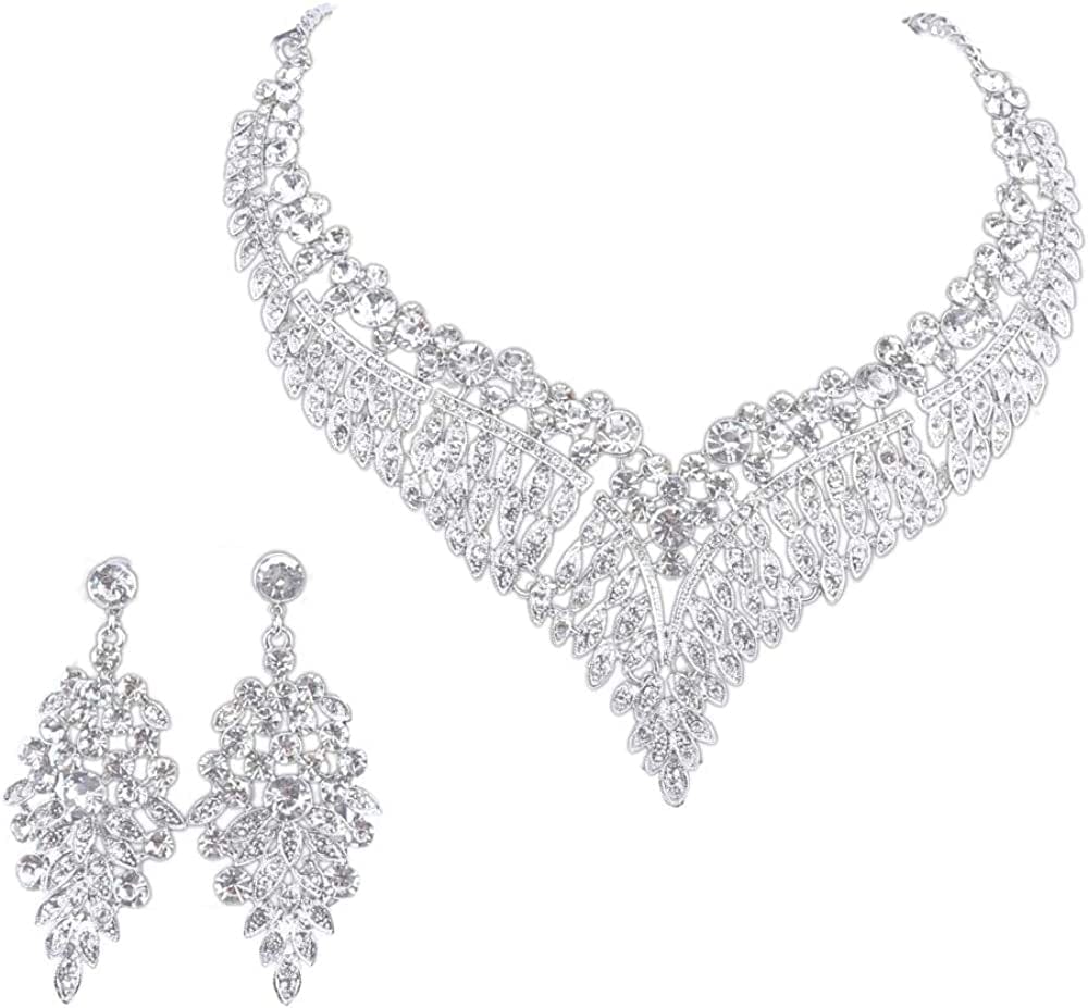 Women Bridal Rhinestone Crystal Statement Necklace Earring Wedding Dress Jewelry Sets Silver White
