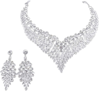 Women Bridal Rhinestone Crystal Statement Necklace Earring Wedding Dress Jewelry Sets Silver White