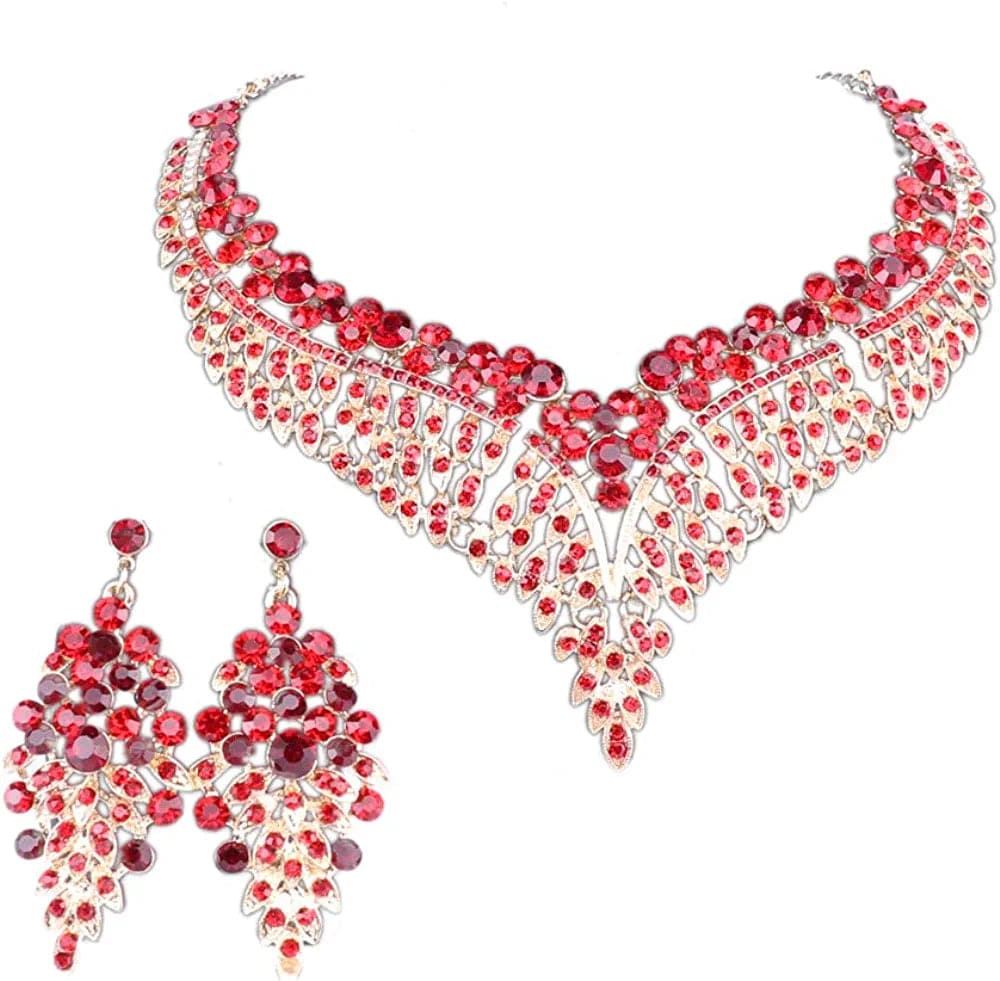 Women Bridal Rhinestone Crystal Statement Necklace Earring Wedding Dress Jewelry Sets Red1