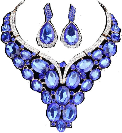 Women Bridal Rhinestone Crystal Statement Necklace Earring Wedding Dress Jewelry Sets Blue