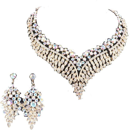 Women Bridal Rhinestone Crystal Statement Necklace Earring Wedding Dress Jewelry Sets Gold AB