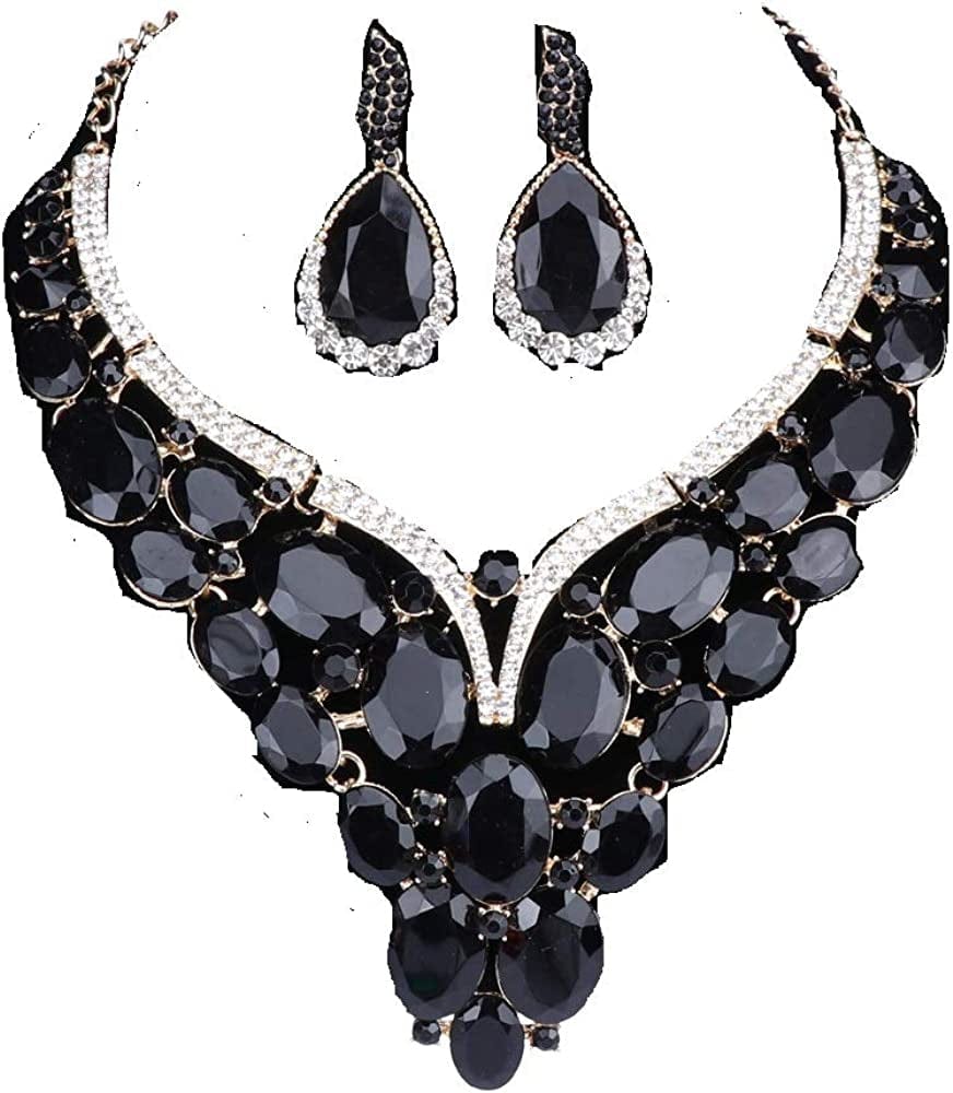 Women Bridal Rhinestone Crystal Statement Necklace Earring Wedding Dress Jewelry Sets Black