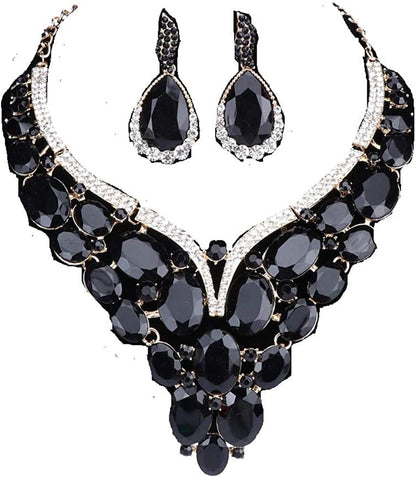 Women Bridal Rhinestone Crystal Statement Necklace Earring Wedding Dress Jewelry Sets Black