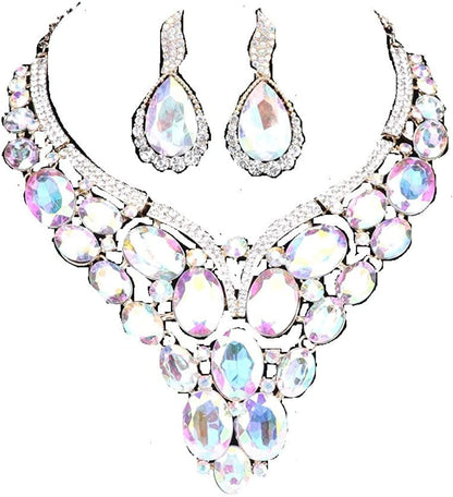 Women Bridal Rhinestone Crystal Statement Necklace Earring Wedding Dress Jewelry Sets AB