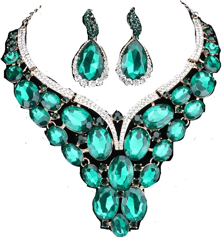 Women Bridal Rhinestone Crystal Statement Necklace Earring Wedding Dress Jewelry Sets Green